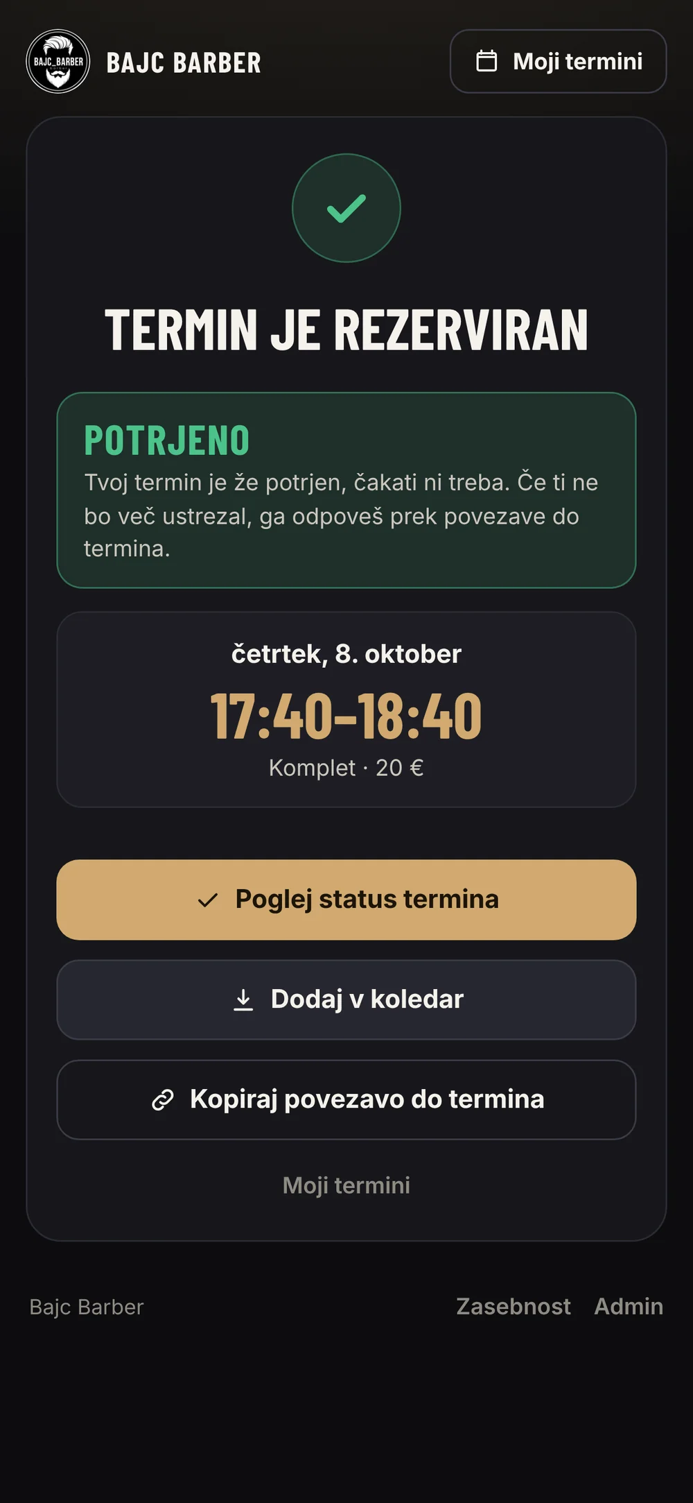 BAJC Barber: potrditev rezerviranega termina