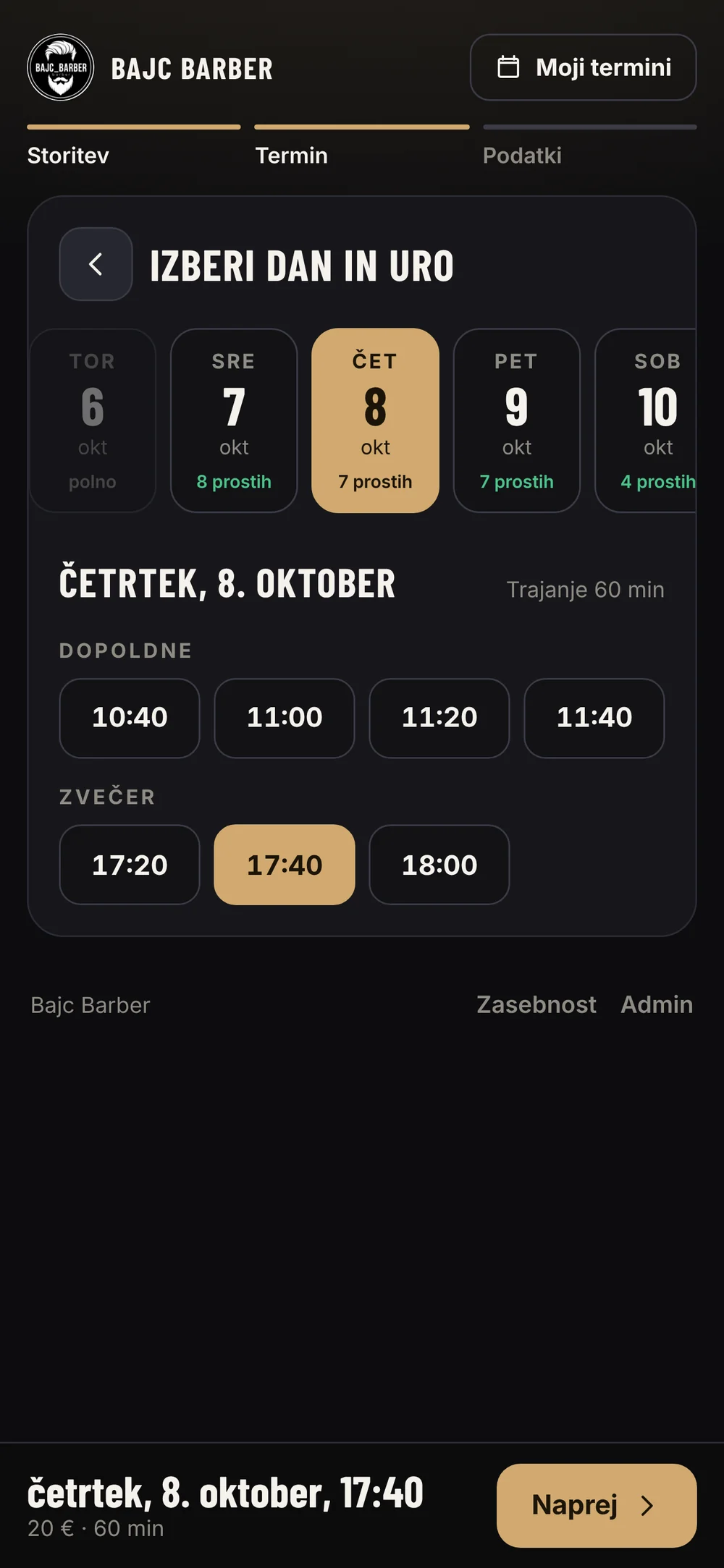 BAJC Barber: izbira dneva in proste ure