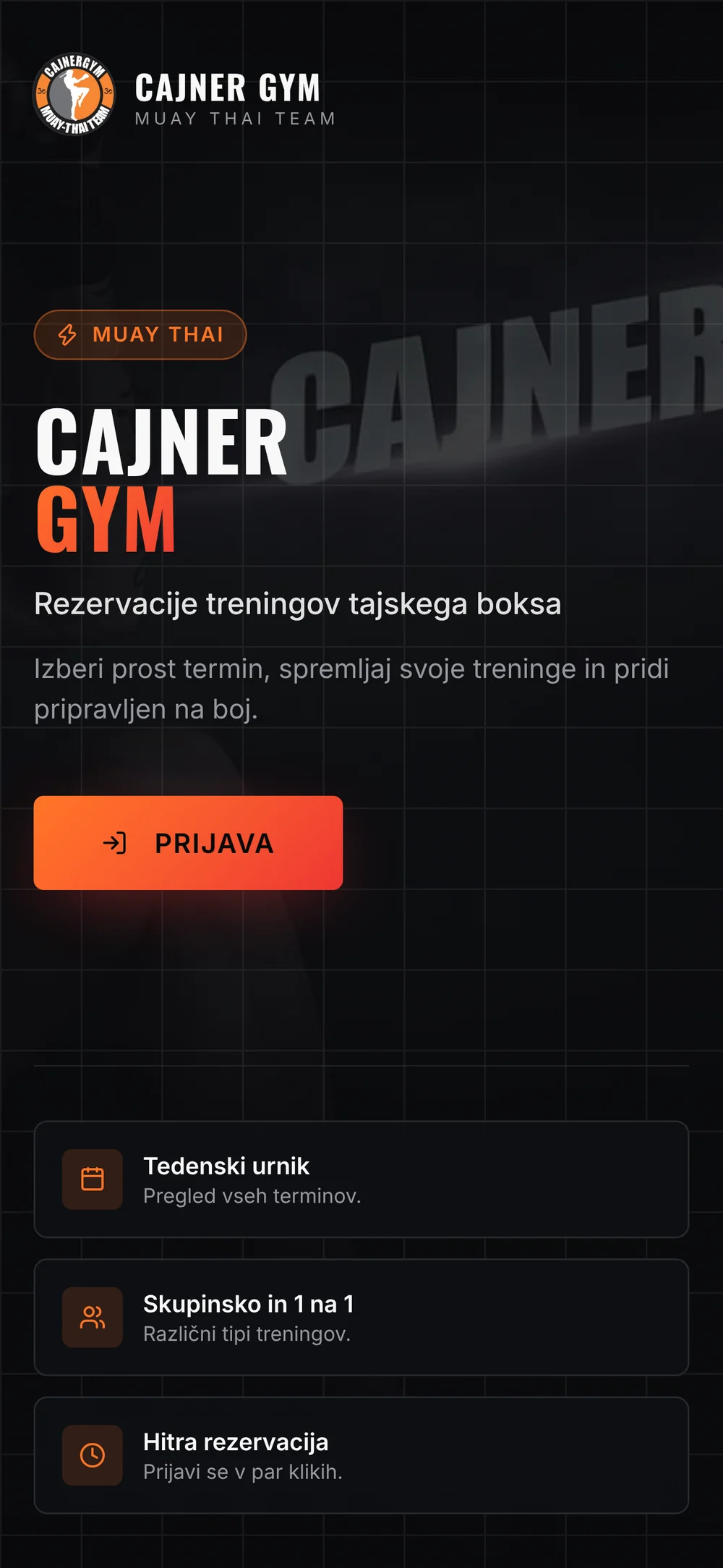 Cajner Gym: vstopna stran za rezervacije treningov tajskega boksa