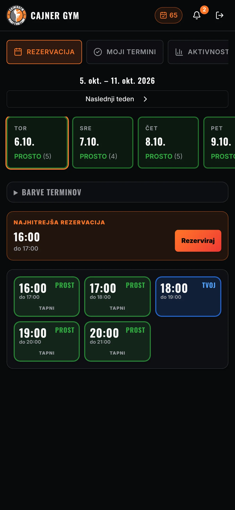 Cajner Gym: rezervacija s prostimi termini v tednu